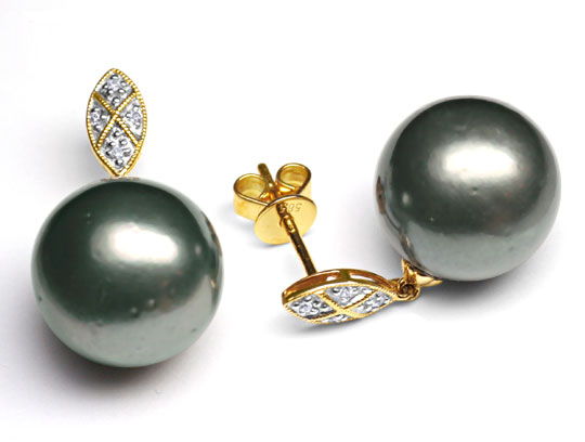 Foto 1 - 12,5mm Tahiti Perlen Ohrringe Gold 8 Diamanten, S4371